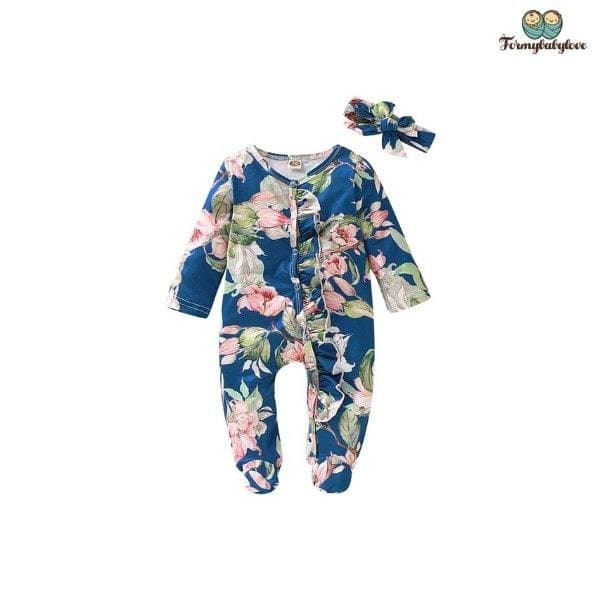 0-24 Mois Bébé Fille Pyjama à Fleurs 3 PCS Ensemble de Vêtements Nouveau-né  Mode : Body + Pantalon + Bandeau - Bleu