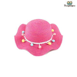 Chapeau de paille fille pompons colorés rose