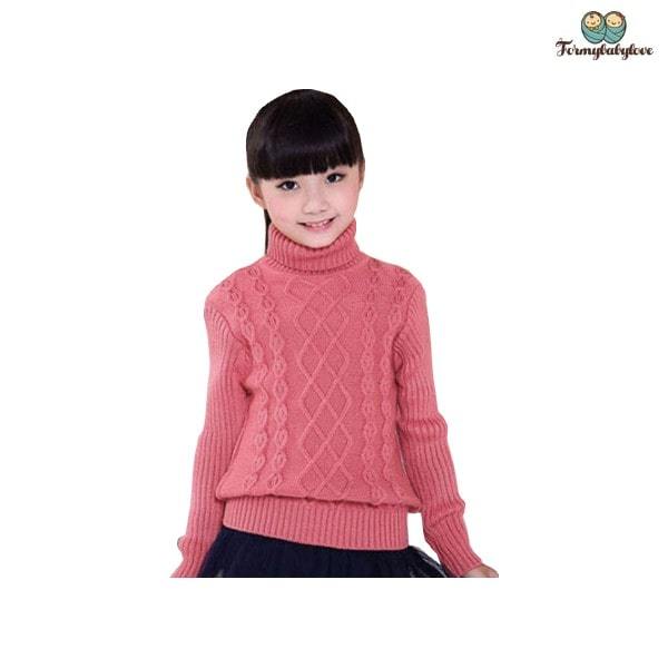 Pull fille col roulé rose
