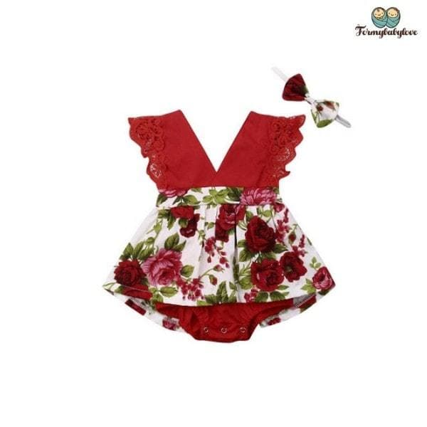 Robe bébé rouge avec des fleurs et son bandeau assorti
